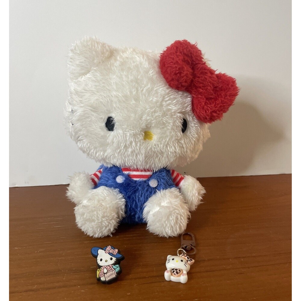 Sanrio Hello Kitty Stuffed Plush Animal Toy Doll Overalls and Striped Shirt 7” +